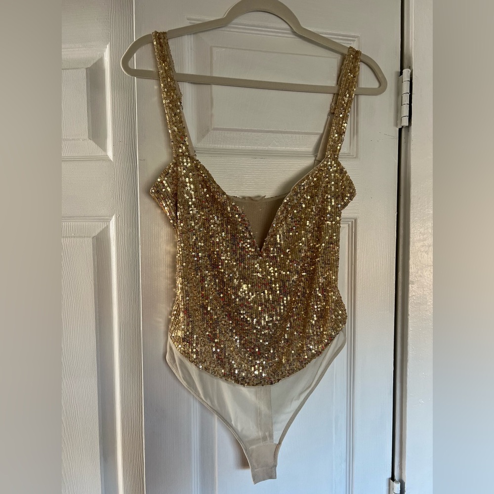 Free People Sparks Fly Sequin Bodysuit, gold, small